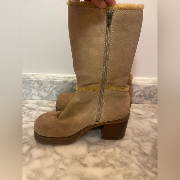 Vintage 90s Skechers 8 Suede Fur Trim Tan Grey Chunky Heel Bratz Platform Boots - Picture 5 of 10